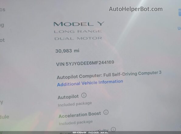 5YJYGDEE6MF244169 2021 TESLA MODEL Y White 