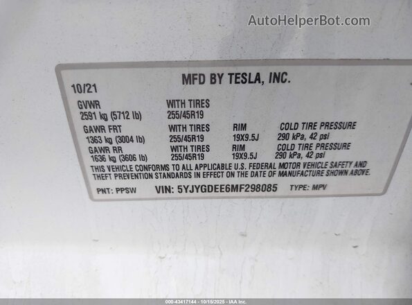 5YJYGDEE6MF298085 2021 TESLA MODEL Y White 