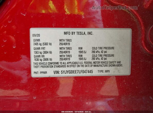 5YJYGDEE7LF047445 2020 TESLA MODEL Y Красный Вид подкапотного пространства