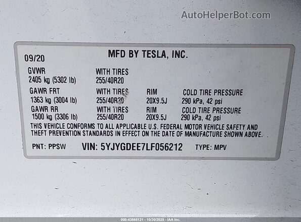 5YJYGDEE7LF056212 2020 TESLA MODEL Y Белый 
