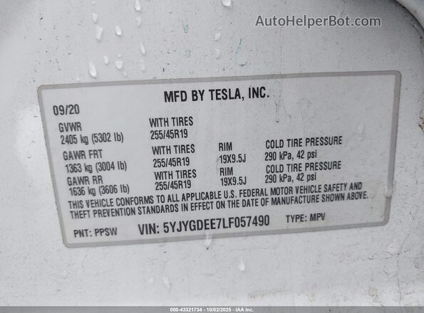 5YJYGDEE7LF057490 2020 TESLA MODEL Y White ძრავის განყოფილების ხედი