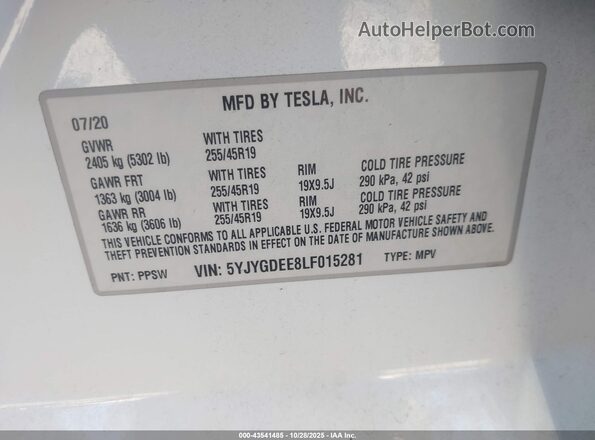 5YJYGDEE8LF015281 2020 TESLA MODEL Y White Vista del compartimento del motor