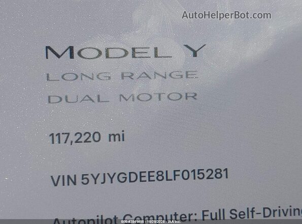 5YJYGDEE8LF015281 2020 TESLA MODEL Y White 