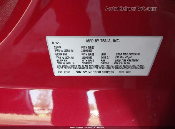 5YJYGDEE8LF032825 2020 TESLA MODEL Y Red Vista del compartimento del motor