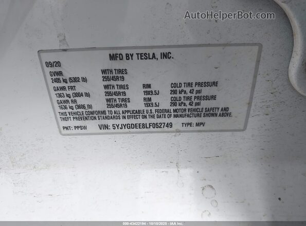 5YJYGDEE8LF052749 2020 TESLA MODEL Y Белый Вид подкапотного пространства