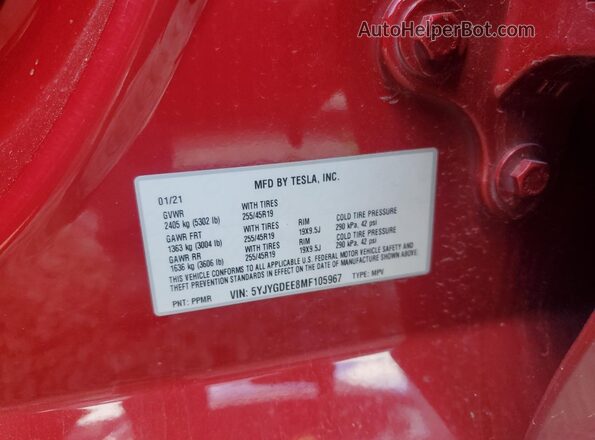 5YJYGDEE8MF105967 2021 TESLA MODEL Red Engine compartment view