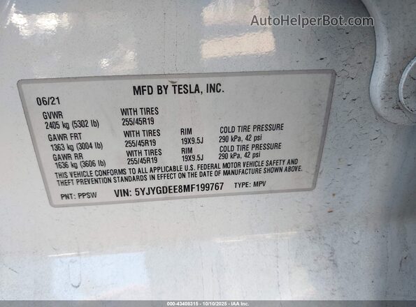 5YJYGDEE8MF199767 2021 TESLA MODEL Y White Vista del compartimento del motor