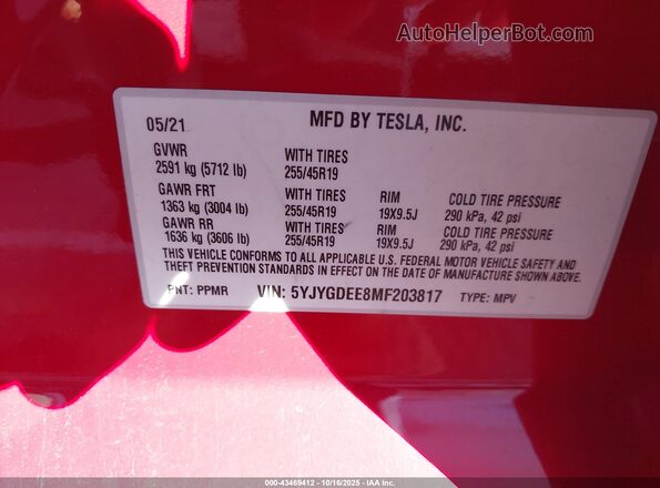 5YJYGDEE8MF203817 2021 TESLA MODEL Y Красный Вид подкапотного пространства