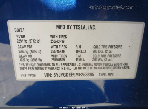 5YJYGDEE9MF263895 2021 TESLA MODEL Y Blue 
