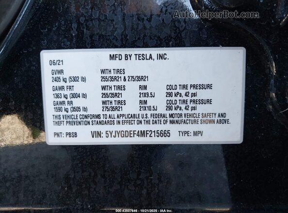 5YJYGDEF4MF215665 2021 TESLA MODEL Y Black ძრავის განყოფილების ხედი