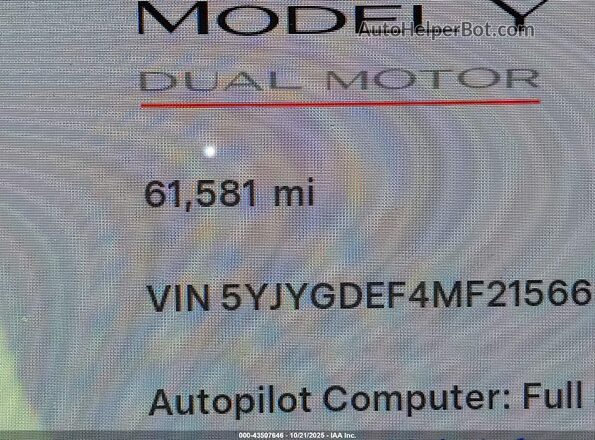 5YJYGDEF4MF215665 2021 TESLA MODEL Y Black 
