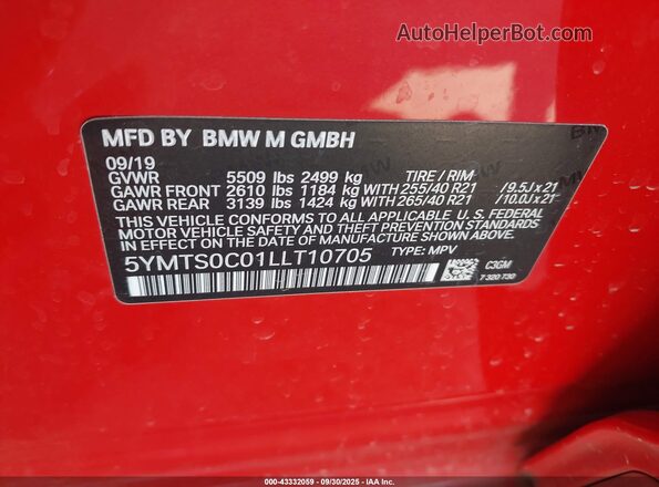 5YMTS0C01LLT10705 2020 BMW X3 Красный Вид подкапотного пространства