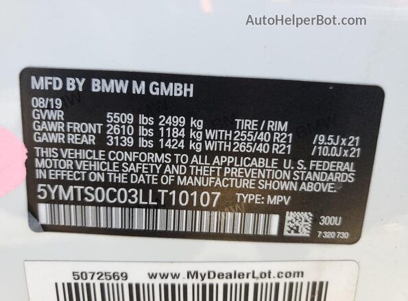 5YMTS0C03LLT10107 2020 BMW X3 Белый Вид наклейки с VIN-кодом