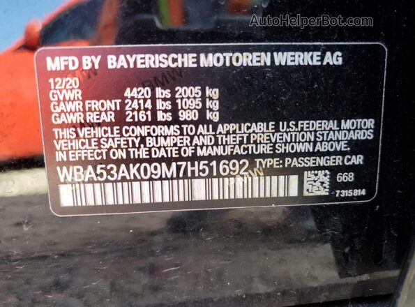 WBA53AK09M7H51692 2021 BMW 2 SERIES Black VIN sticker view