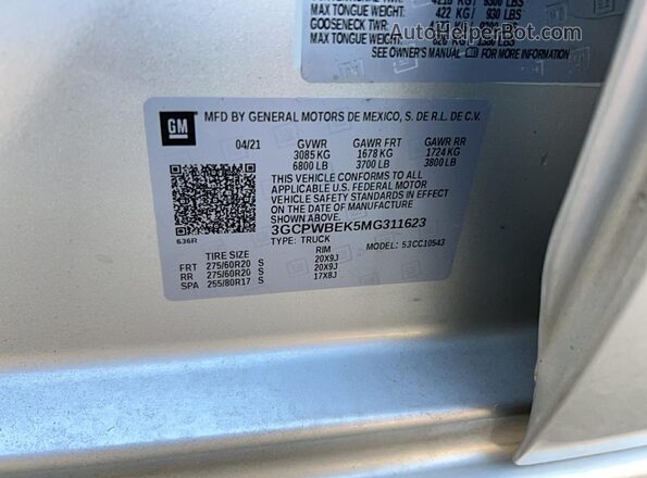 3GCPWBEK5MG311623 2021 CHEVROLET SILVERADO Silver 