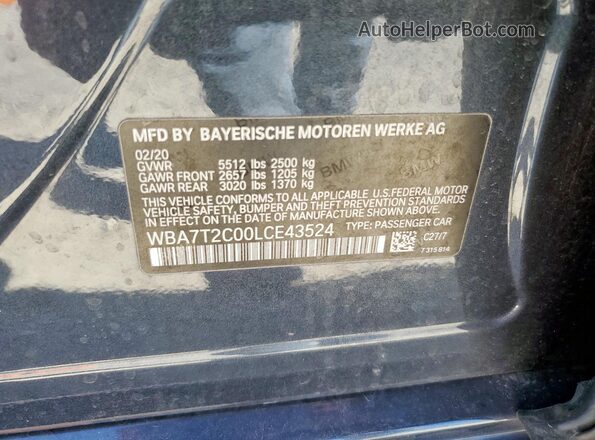 WBA7T2C00LCE43524 2020 BMW 7 SERIES Gray VIN კოდის სტიკერის ხედი