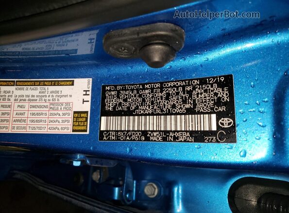 JTDKARFUXL3110965 2020 TOYOTA PRIUS Blue Widok naklejki z numerem VIN