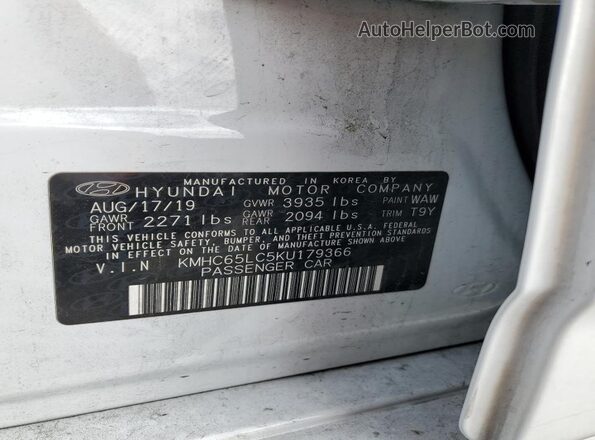 KMHC65LC5KU179366 2019 HYUNDAI IONIQ Белый Вид наклейки с VIN-кодом