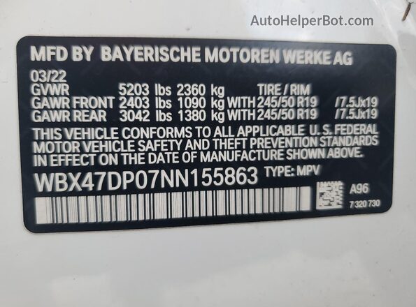 WBX47DP07NN155863 2022 BMW X3 White Widok wnętrza 360 stopni
