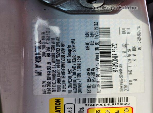 3FA6P0CD4LR196622 2020 FORD FUSION White VIN կոդի պիտակի տեսք