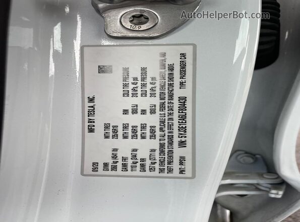 5YJ3E1EA6LF804430 2020 TESLA MODEL Белый Вид задней части салона
