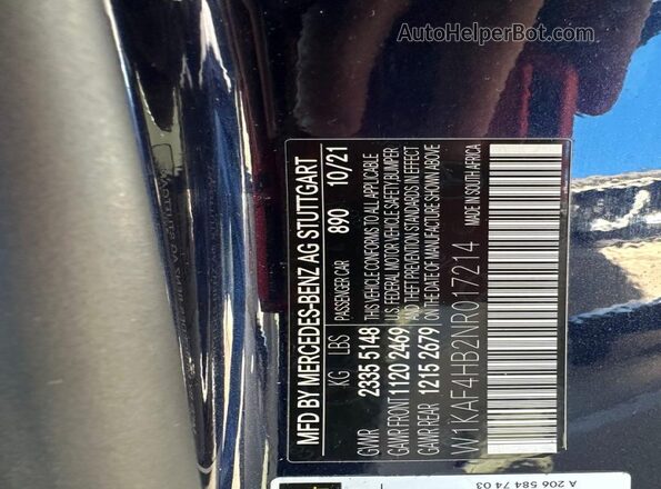 W1KAF4HB2NR017214 2022 MERCEDES-BENZ C Blue უკანა სალონის ხედი