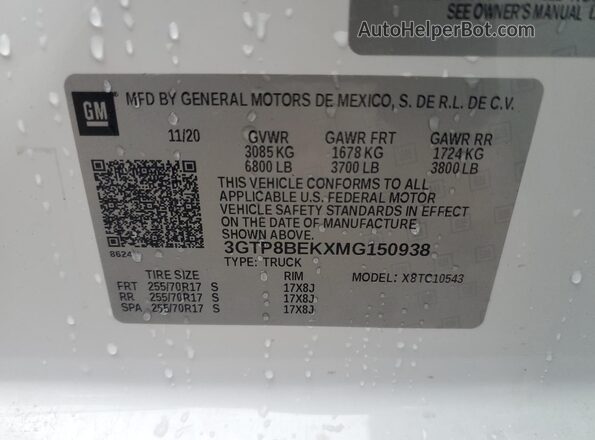 3GTP8BEKXMG150938 2021 GMC SIERRA White Vista de la etiqueta del VIN