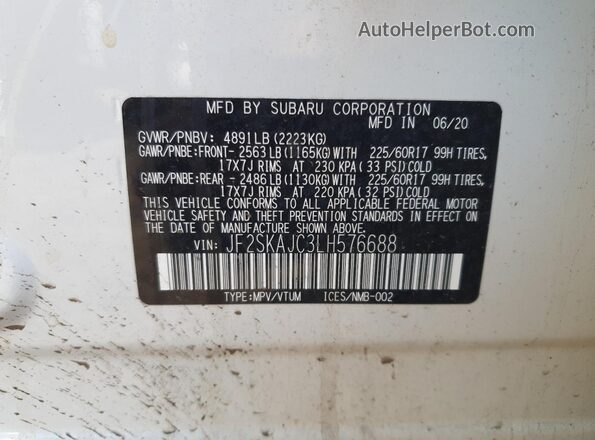 JF2SKAJC3LH576688 2020 SUBARU FORESTER White Панорамний вид салону 360°