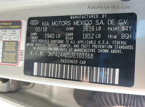 3KPA24AB5JE103168 2018 KIA RIO Silver 
