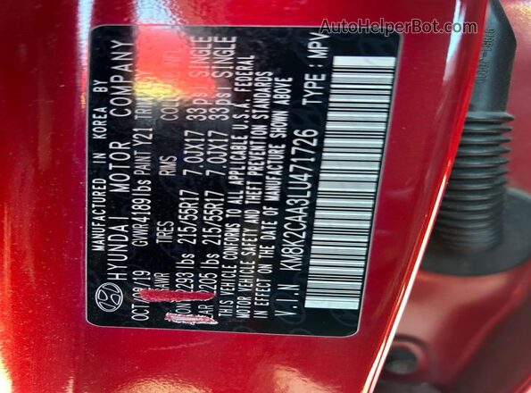 KM8K2CAA3LU471726 2020 HYUNDAI KONA Red უკანა სალონის ხედი