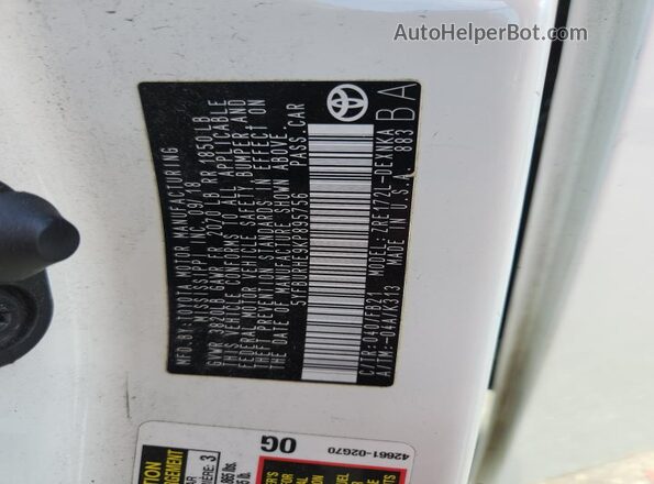 5YFBURHE9KP895756 2019 TOYOTA LL White Widok naklejki z numerem VIN