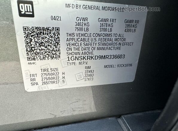 1GNSKRKD9MR336603 2021 CHEVROLET TAHOE Серый 