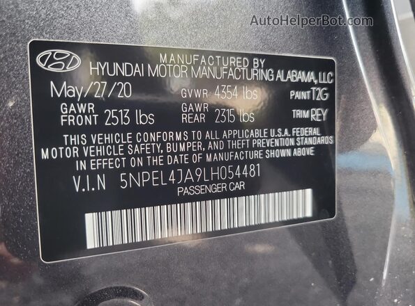 5NPEL4JA9LH054481 2020 HYUNDAI SONATA Gray 