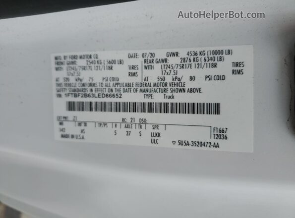 1FTBF2B63LED86652 2020 FORD F250 White VIN კოდის სტიკერის ხედი