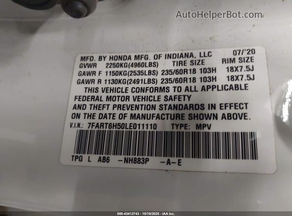 7FART6H50LE011110 2020 HONDA CR-V White Engine compartment view