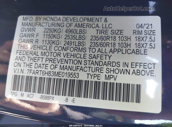7FART6H83ME019553 2021 HONDA CR-V HYBRID Синий 