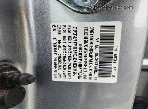 7FARW1H83LE027841 2020 HONDA CR-V Silver Вид наклейки з VIN-кодом