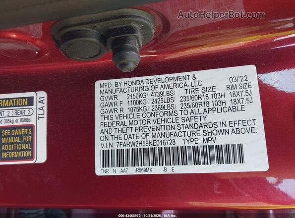 7FARW2H59NE016728 2022 HONDA CR-V Red Widok komory silnika