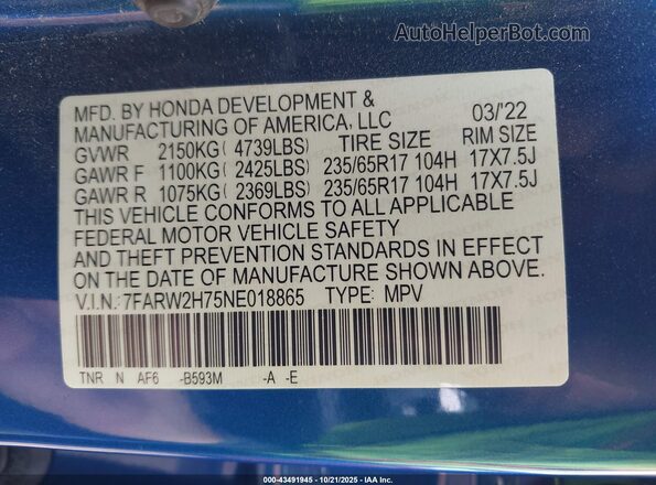7FARW2H75NE018865 2022 HONDA CR-V Blue Вид підкапотного простору