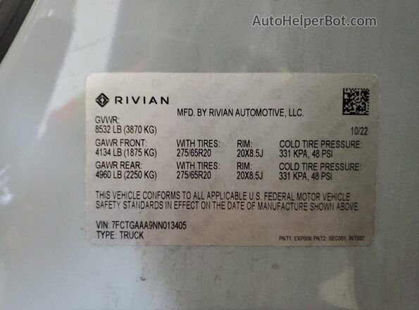 7FCTGAAA9NN013405 2022 RIVIAN R1T Gray ძრავის განყოფილების ხედი