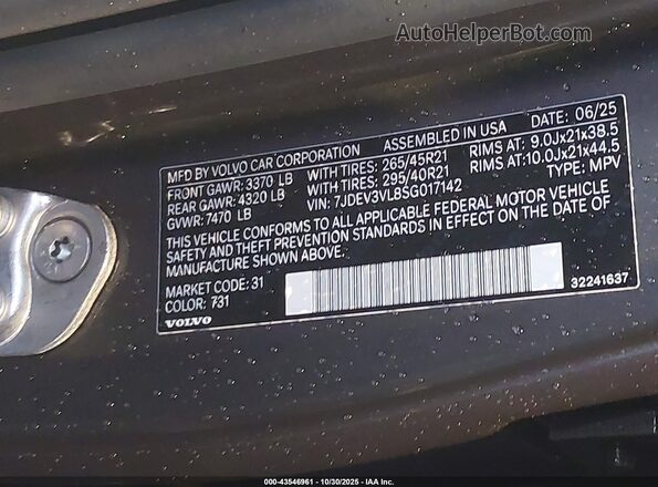 7JDEV3VL8SG017142 2025 VOLVO EX90 Pewter 