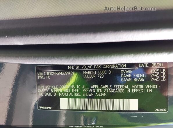 7JR102FK8MG091431 2021 VOLVO S60 Blue 