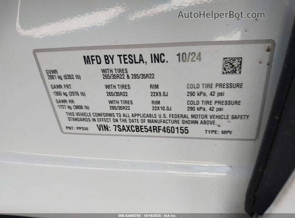 7SAXCBE54RF460155 2024 TESLA MODEL X White Engine compartment view