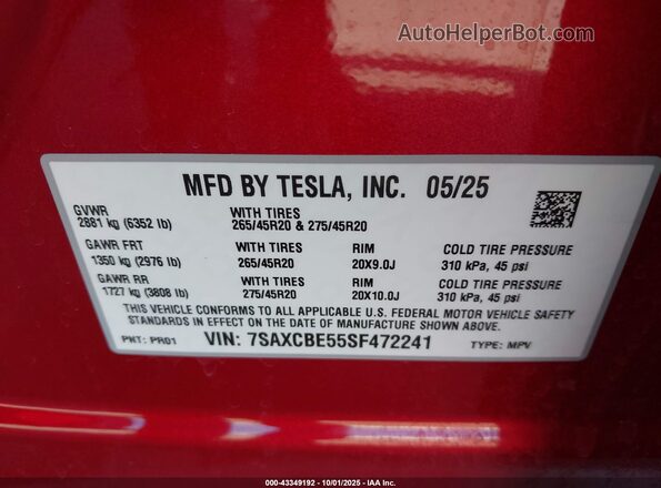 7SAXCBE55SF472241 2025 TESLA MODEL X Red Engine compartment view