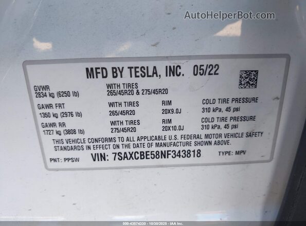 7SAXCBE58NF343818 2022 TESLA MODEL X White Engine compartment view