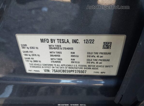 7SAXCBE59PF376507 2023 TESLA MODEL X Gray ძრავის განყოფილების ხედი