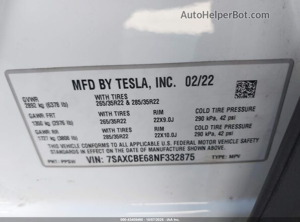 7SAXCBE68NF332875 2022 TESLA MODEL X White Engine compartment view
