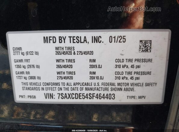 7SAXCDE54SF464403 2025 TESLA MODEL X Black Շարժիչի բաժամունքի տեսք