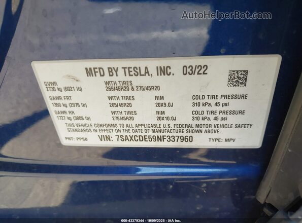 7SAXCDE59NF337960 2022 TESLA MODEL X Синий Вид подкапотного пространства
