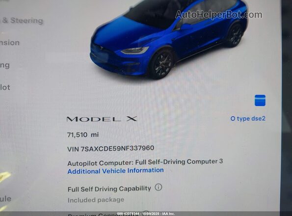 7SAXCDE59NF337960 2022 TESLA MODEL X Синий 
